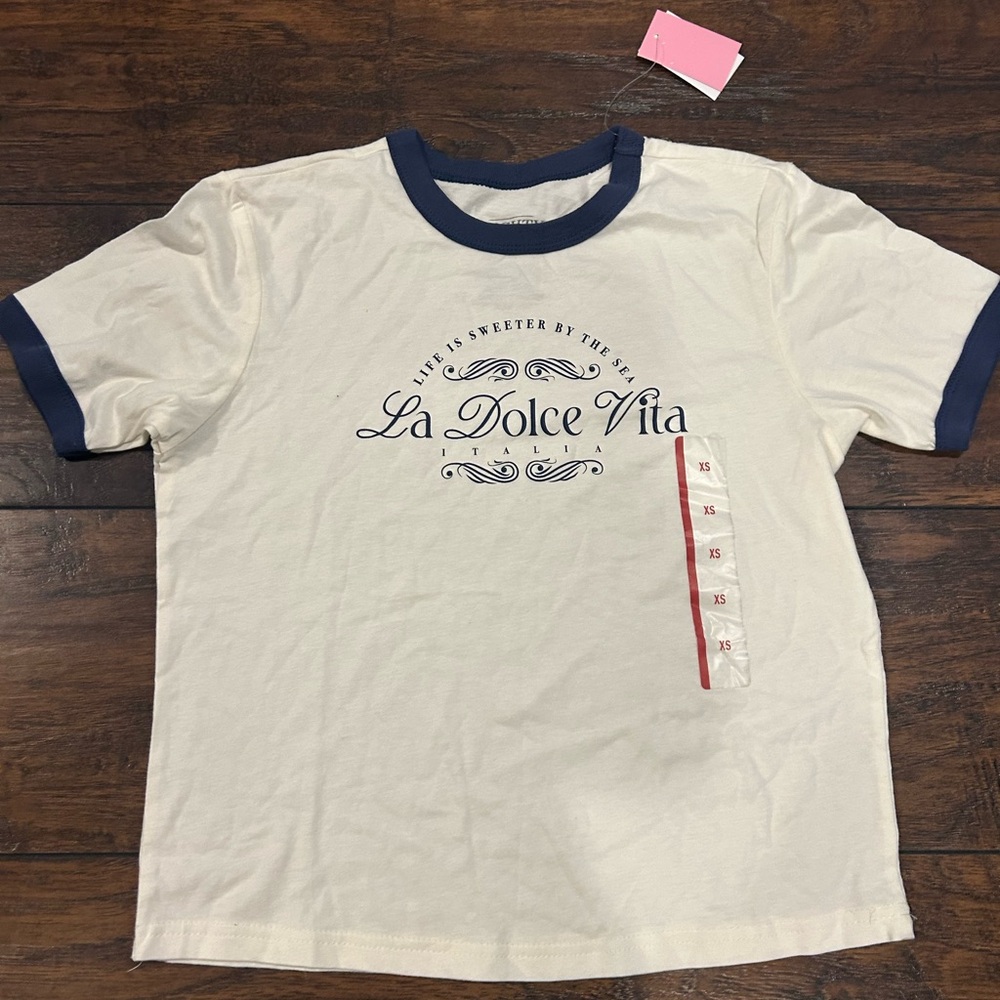 Mighty Fine Cream Tee with Blue Accents